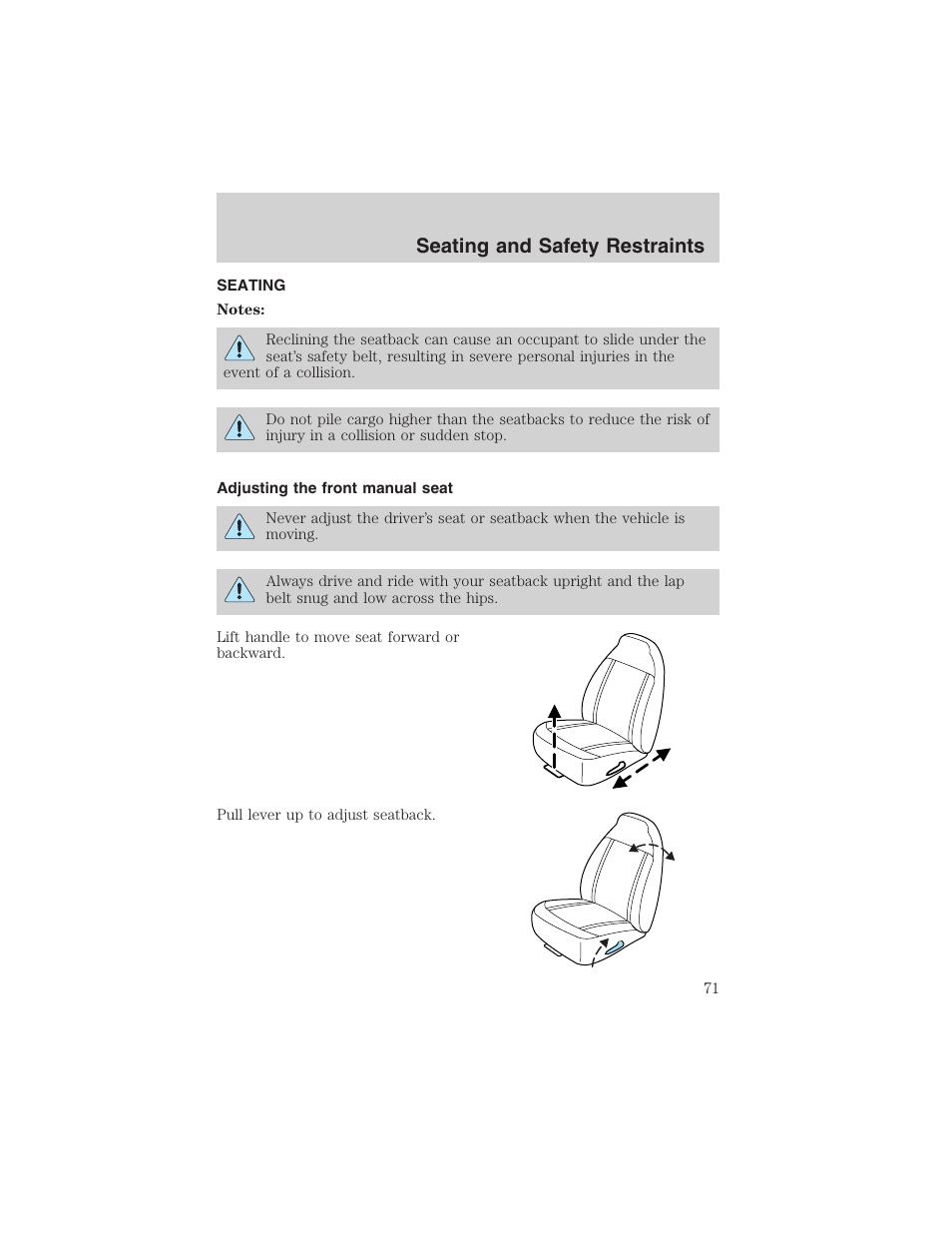 Seating and safety restraints | FORD 2003 Ranger v.2 User Manual | Page 71 / 248