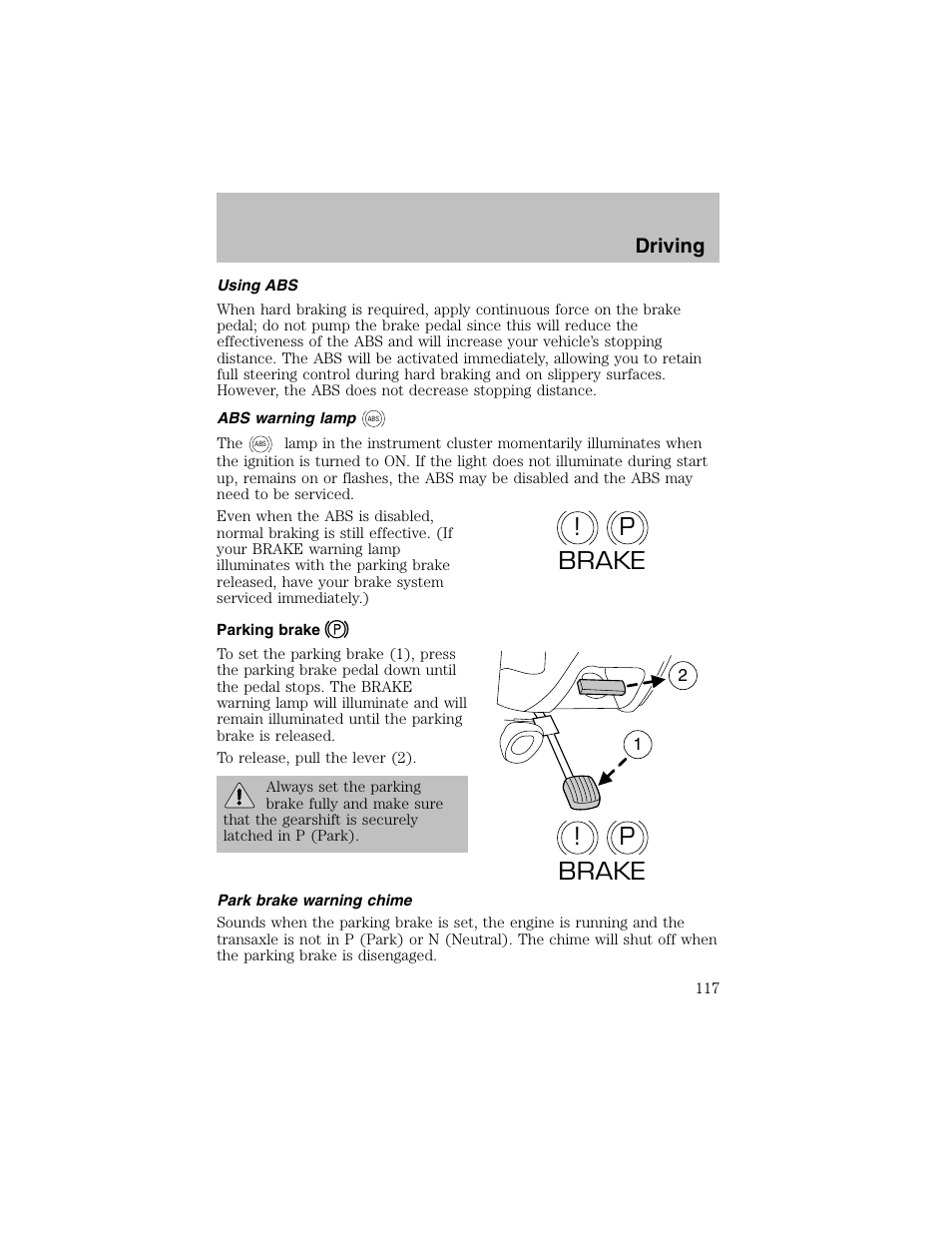 P! brake | FORD 2003 Taurus v.1 User Manual | Page 117 / 216
