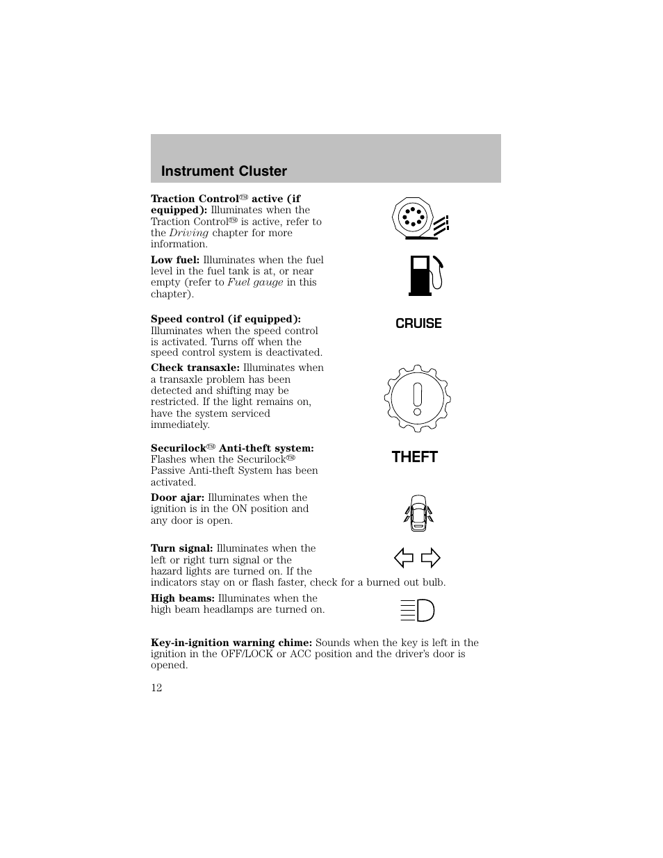 Instrument cluster | FORD 2003 Taurus v.1 User Manual | Page 12 / 216