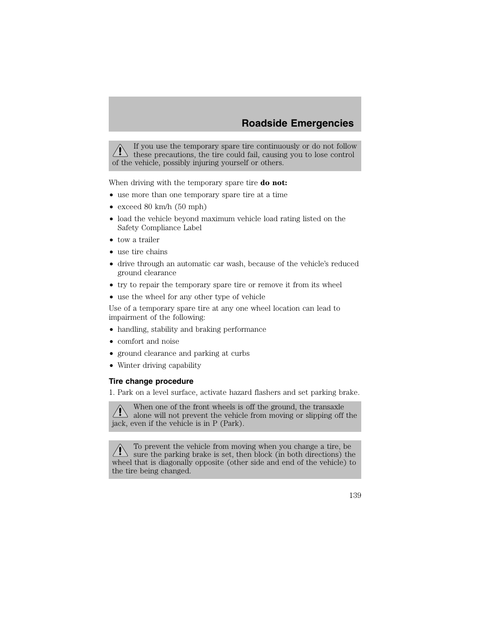 Roadside emergencies | FORD 2003 Taurus v.1 User Manual | Page 139 / 216