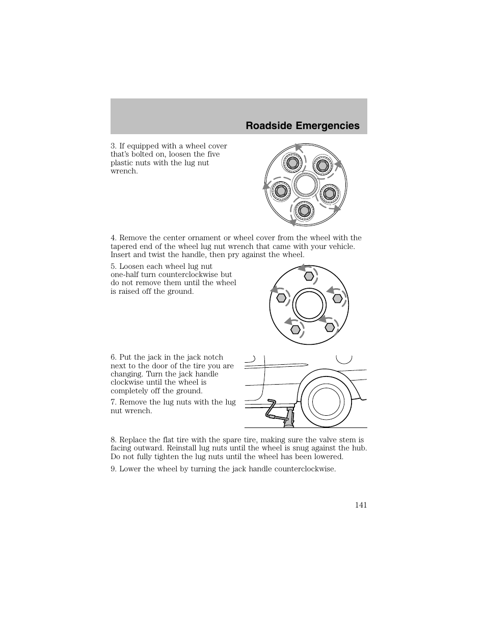 Roadside emergencies | FORD 2003 Taurus v.1 User Manual | Page 141 / 216