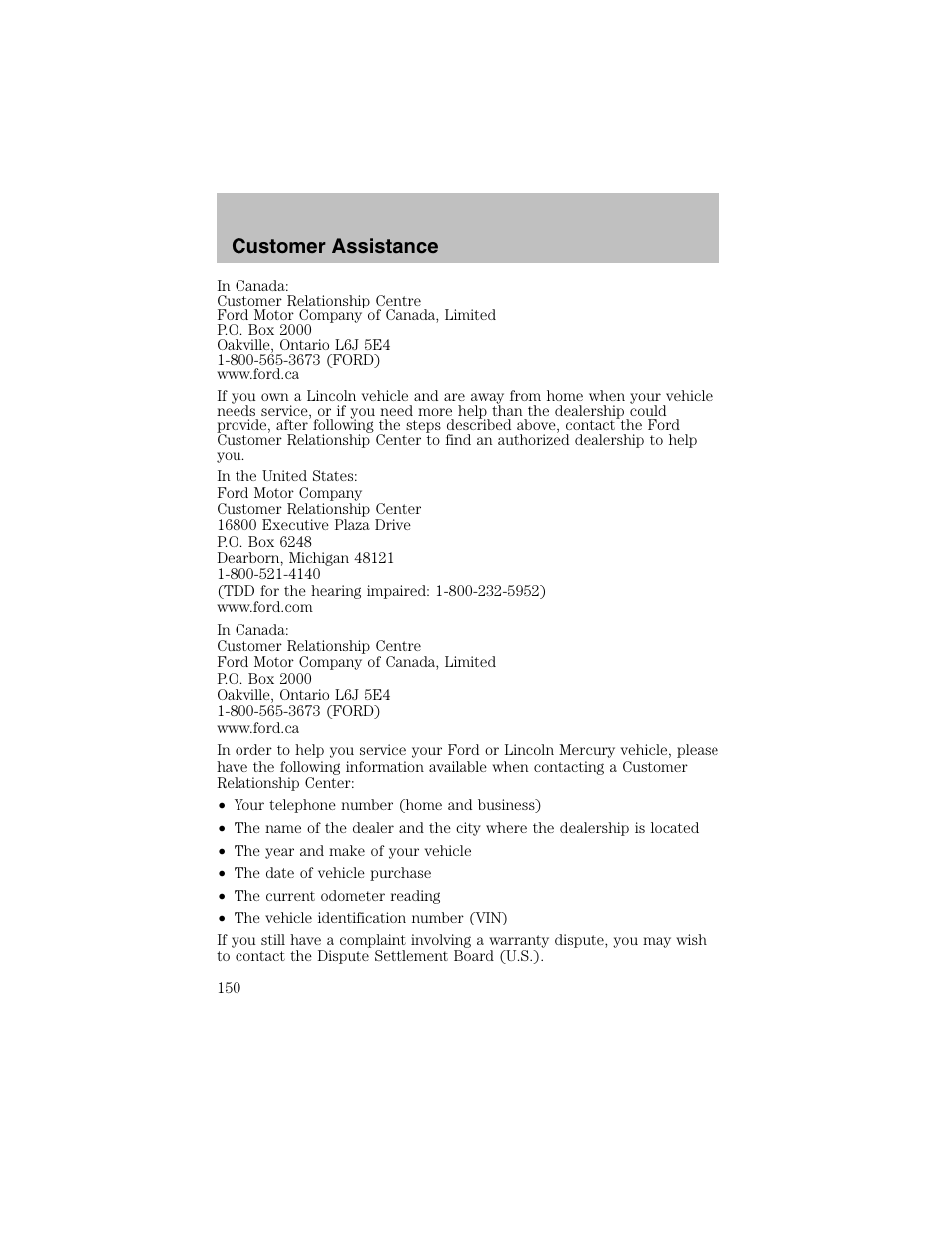 Customer assistance | FORD 2003 Taurus v.1 User Manual | Page 150 / 216