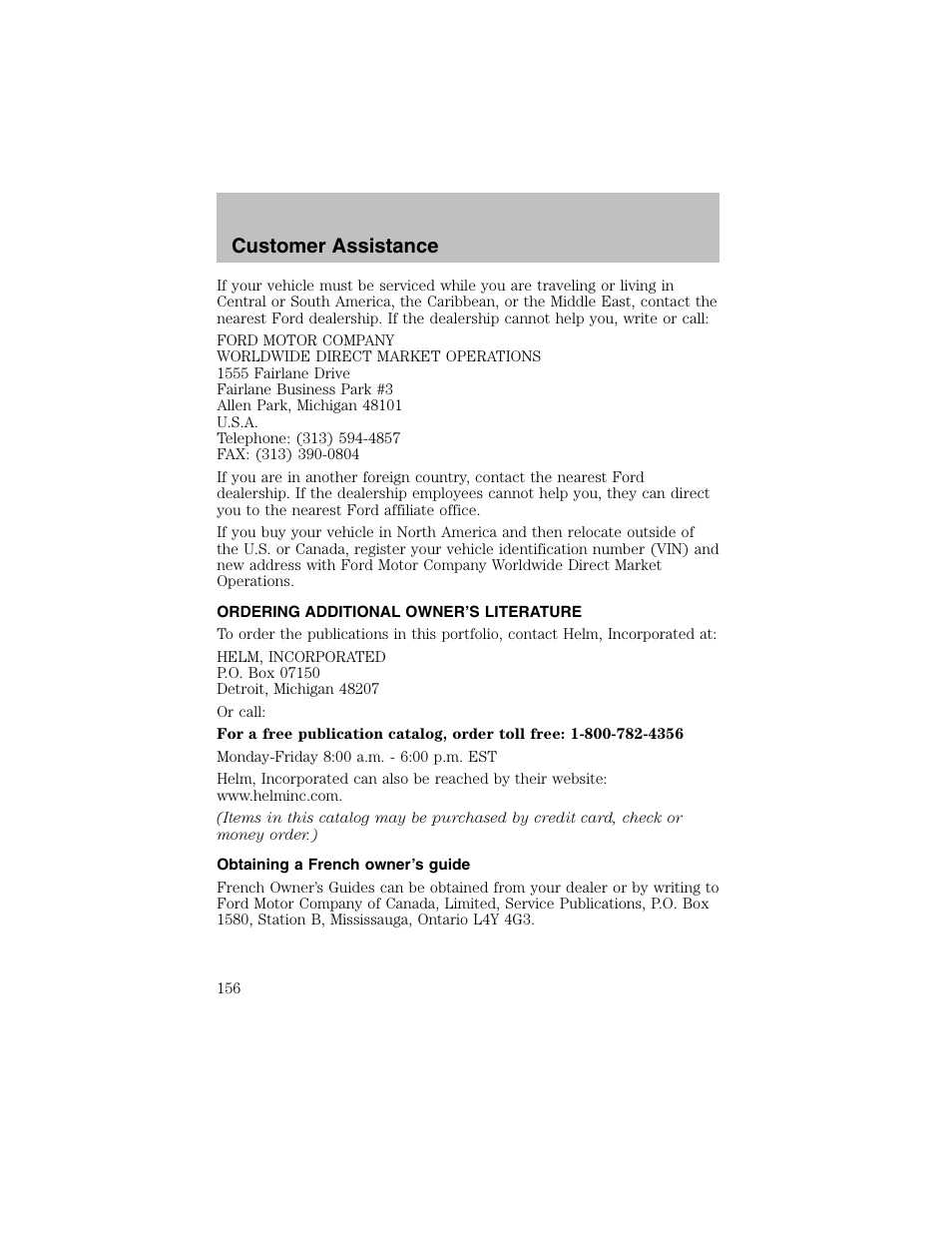 Customer assistance | FORD 2003 Taurus v.1 User Manual | Page 156 / 216