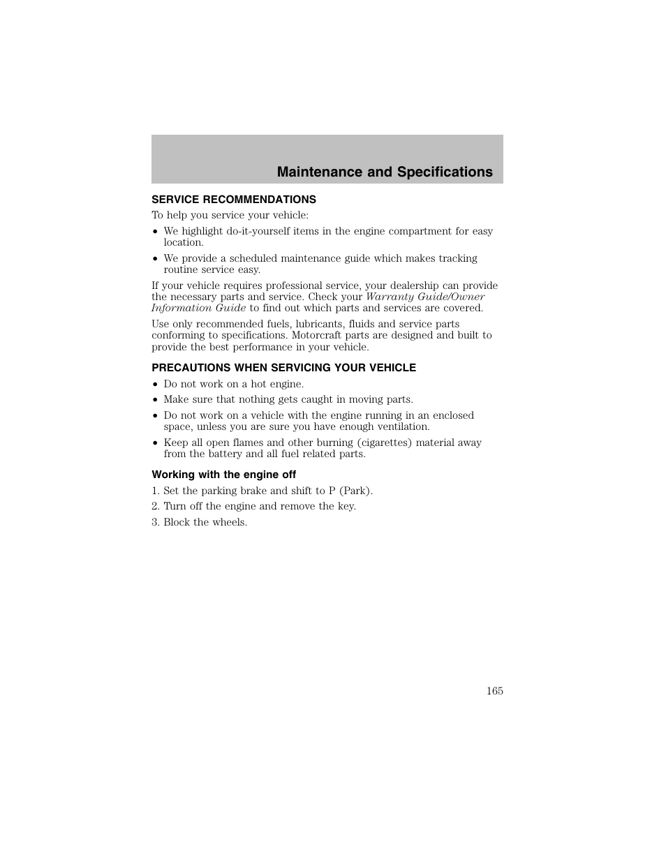 Maintenance and specifications | FORD 2003 Taurus v.1 User Manual | Page 165 / 216