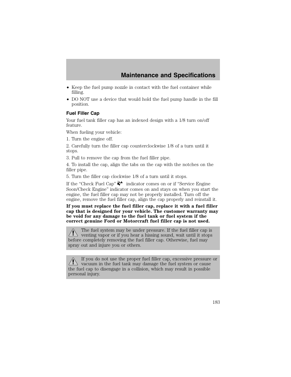 Maintenance and specifications | FORD 2003 Taurus v.1 User Manual | Page 183 / 216