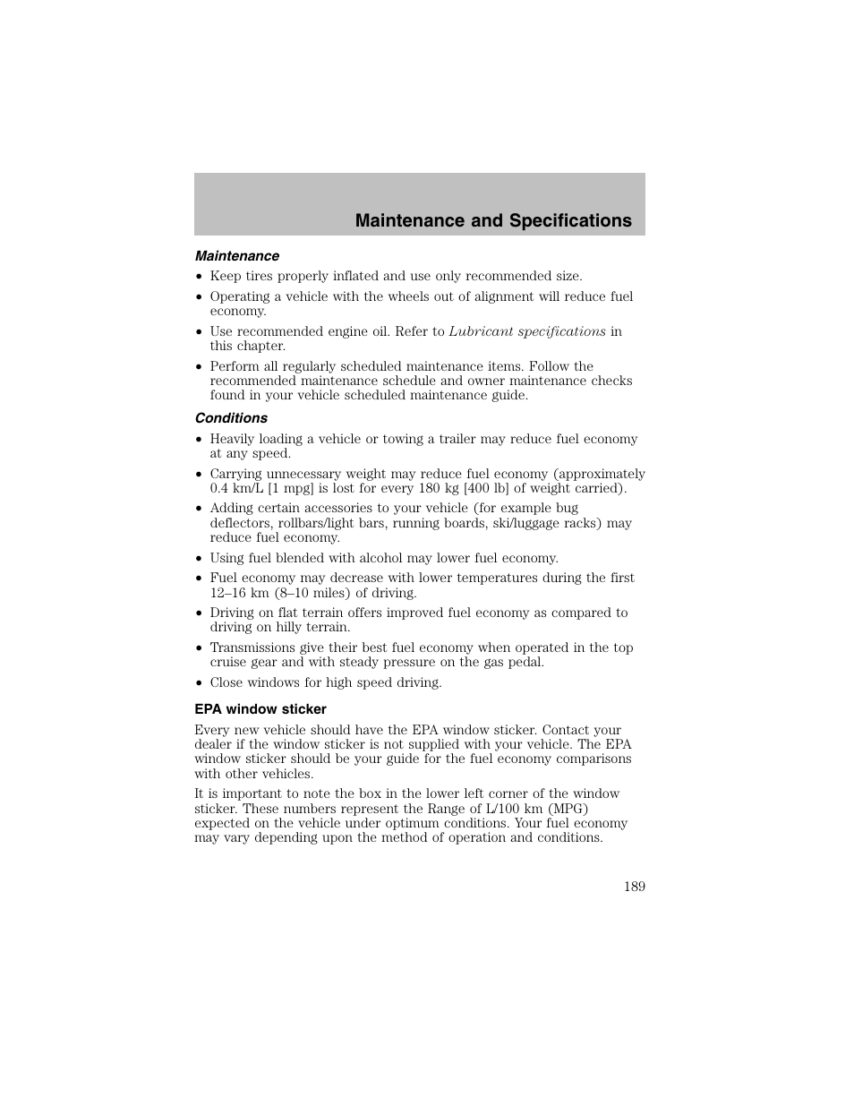 Maintenance and specifications | FORD 2003 Taurus v.1 User Manual | Page 189 / 216