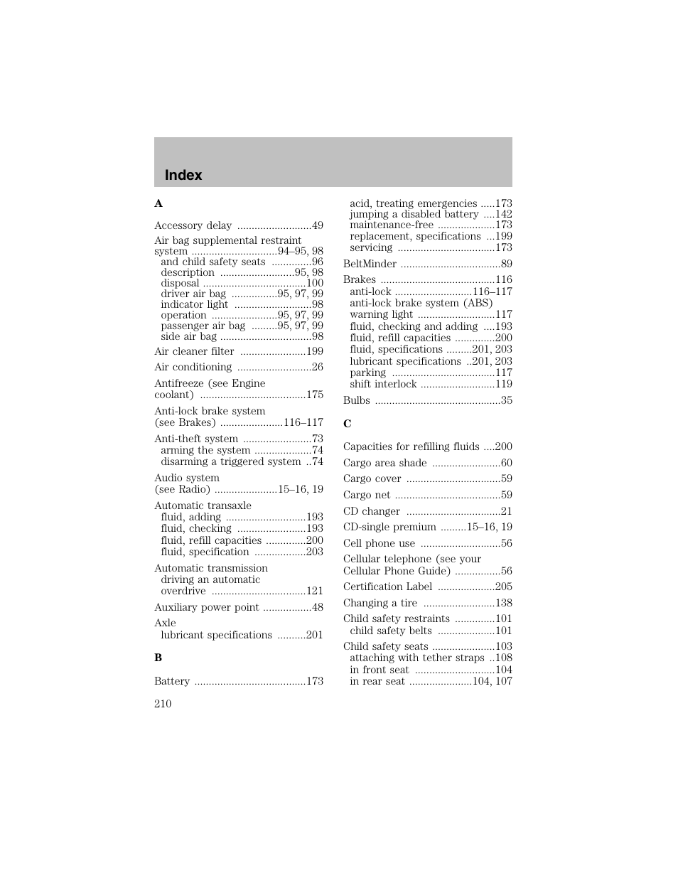 Index | FORD 2003 Taurus v.1 User Manual | Page 210 / 216