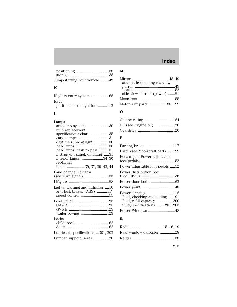 Index | FORD 2003 Taurus v.1 User Manual | Page 213 / 216