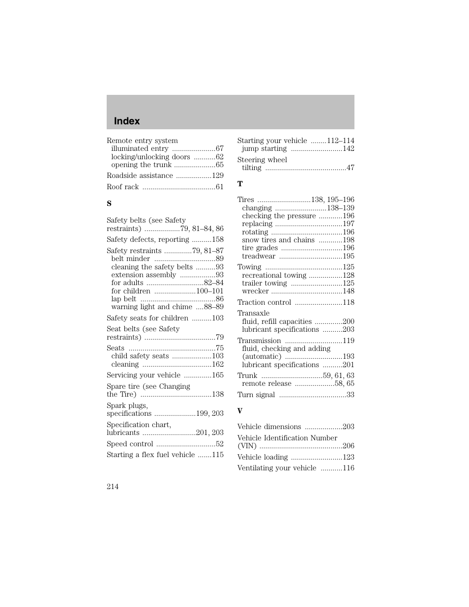 Index | FORD 2003 Taurus v.1 User Manual | Page 214 / 216