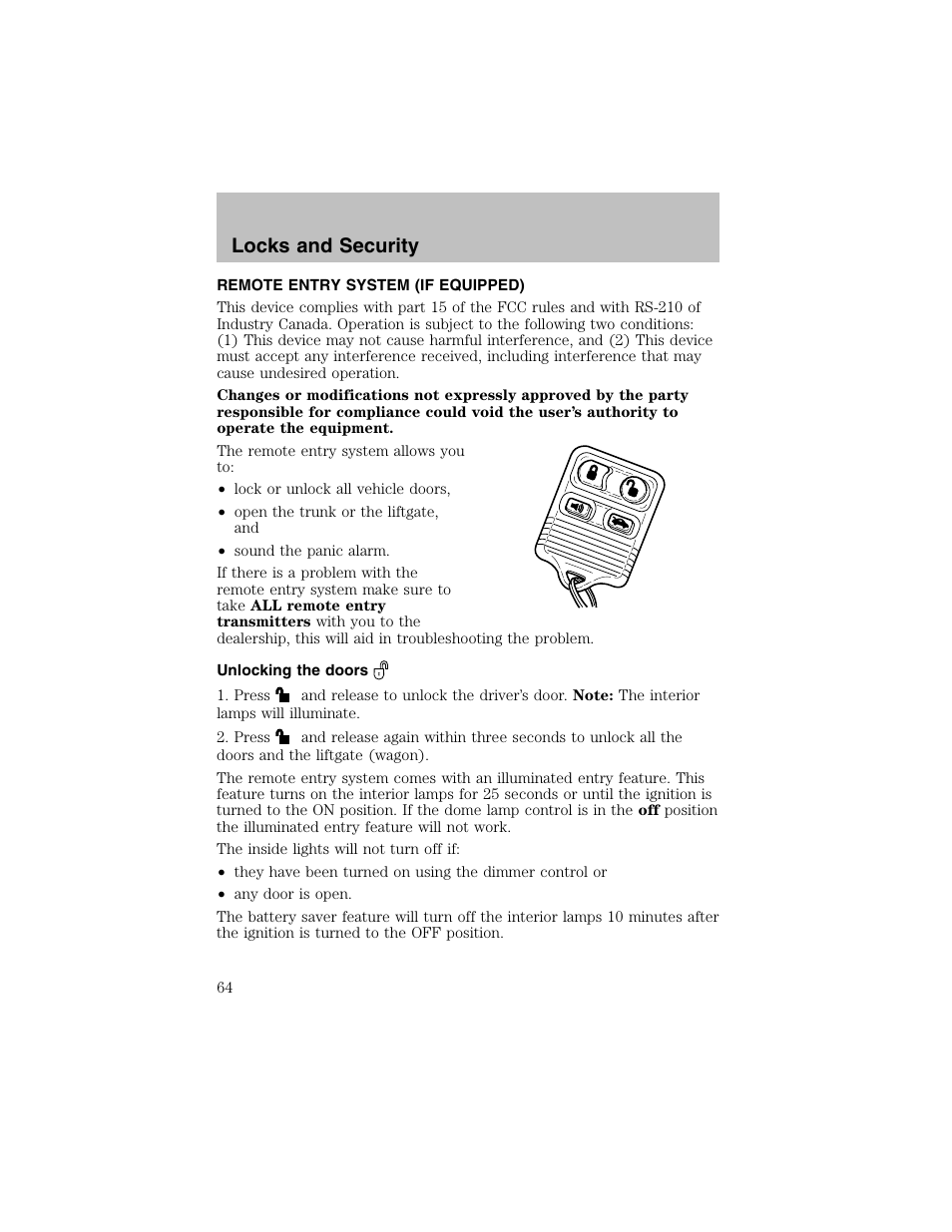 Locks and security | FORD 2003 Taurus v.1 User Manual | Page 64 / 216