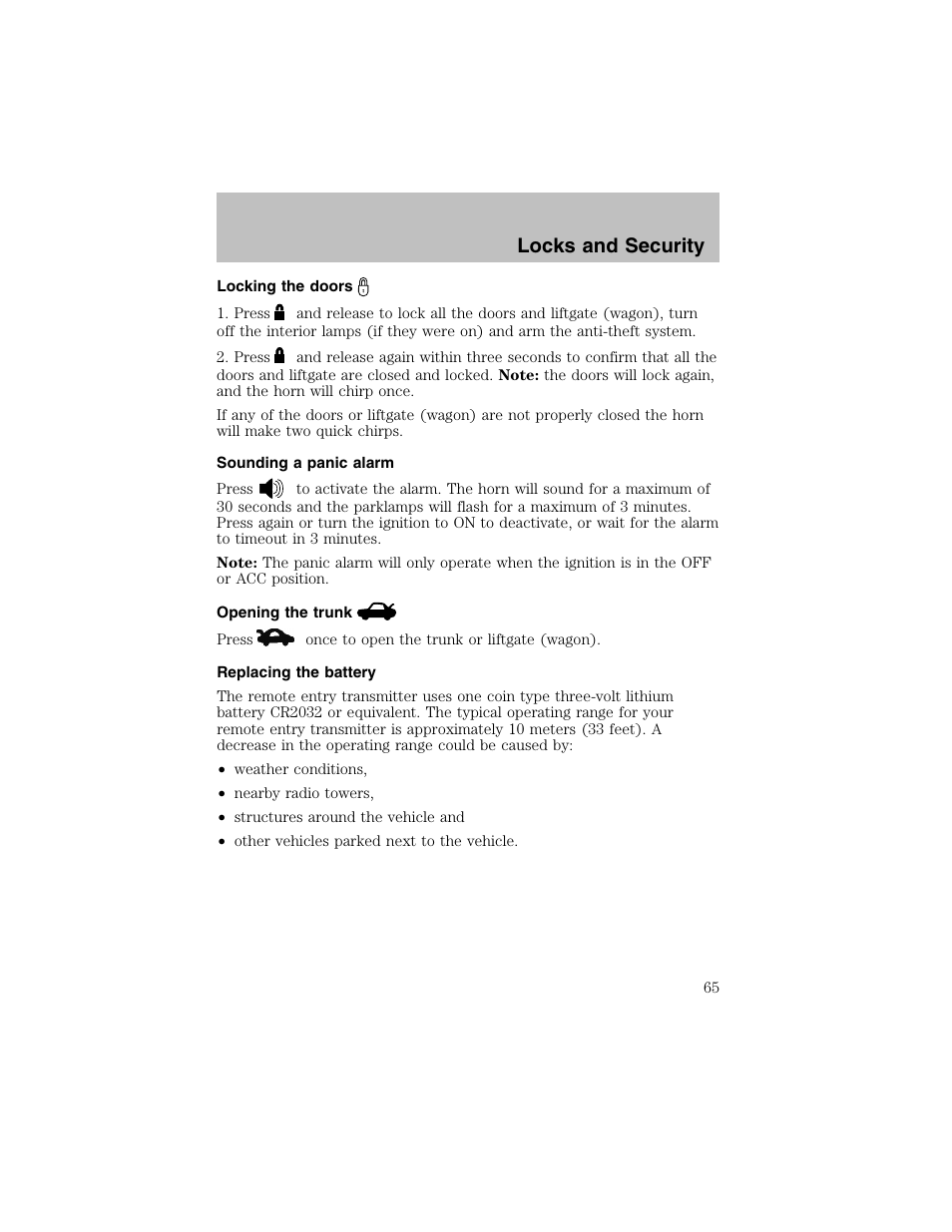 Locks and security | FORD 2003 Taurus v.1 User Manual | Page 65 / 216