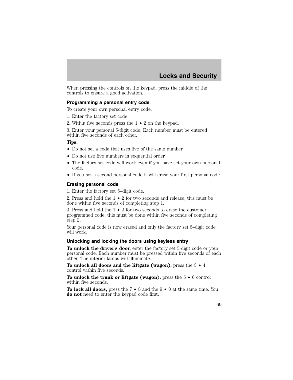 Locks and security | FORD 2003 Taurus v.1 User Manual | Page 69 / 216