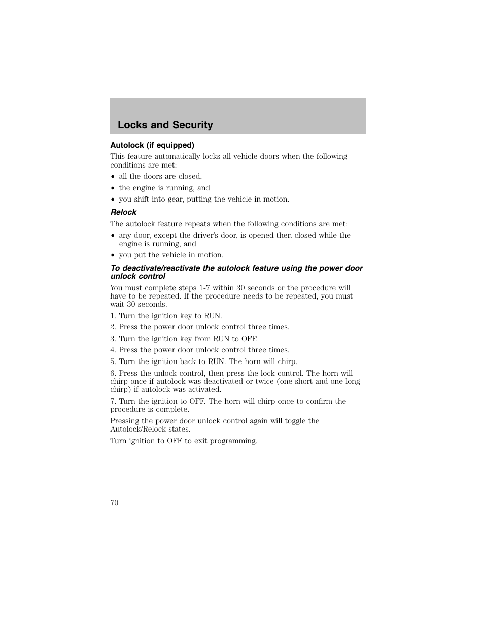 Locks and security | FORD 2003 Taurus v.1 User Manual | Page 70 / 216