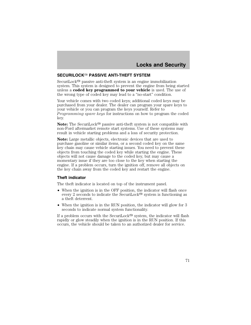 Locks and security | FORD 2003 Taurus v.1 User Manual | Page 71 / 216