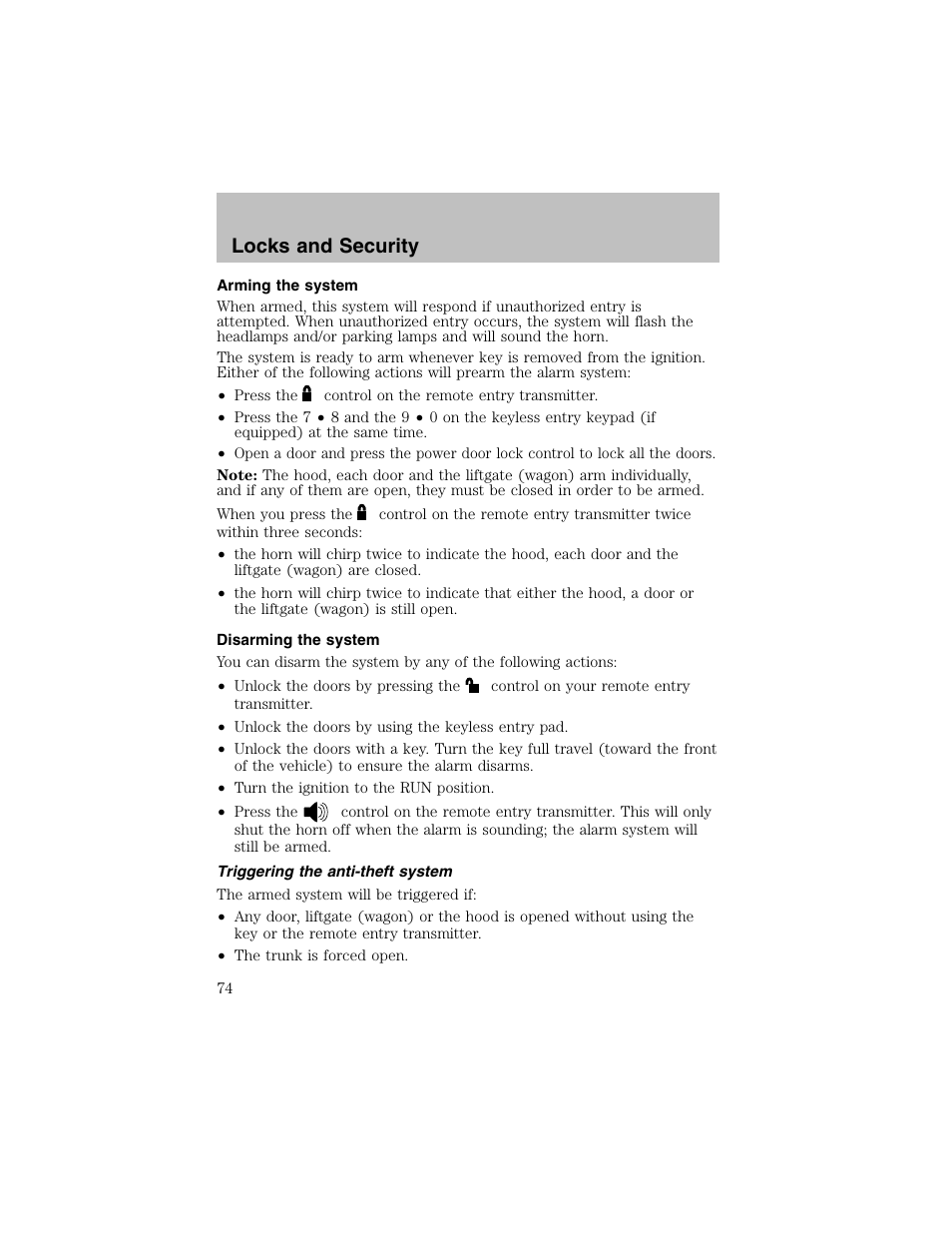 Locks and security | FORD 2003 Taurus v.1 User Manual | Page 74 / 216