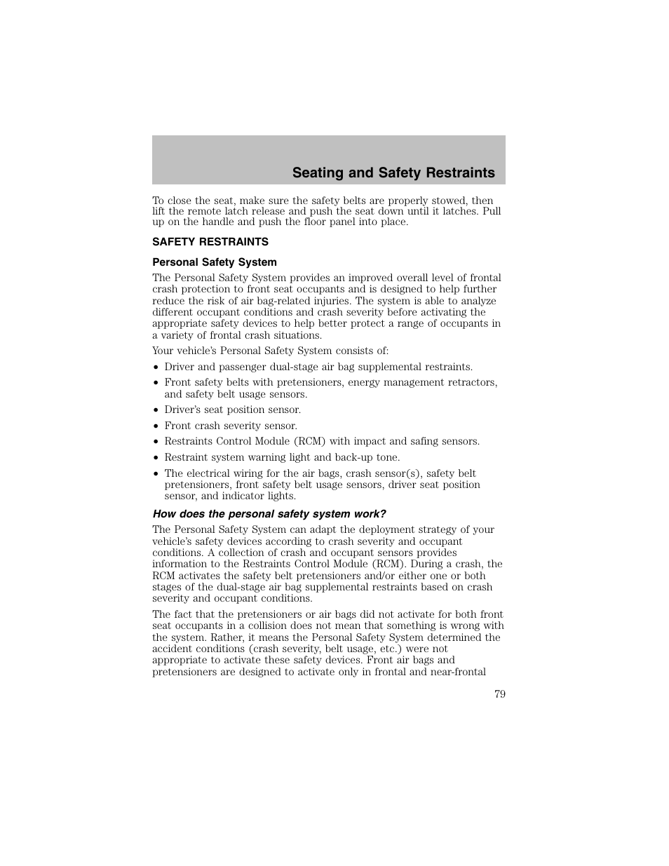 Seating and safety restraints | FORD 2003 Taurus v.1 User Manual | Page 79 / 216