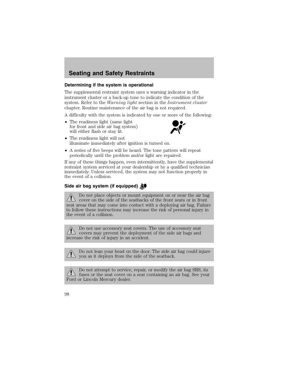 Seating and safety restraints | FORD 2003 Taurus v.1 User Manual | Page 98 / 216