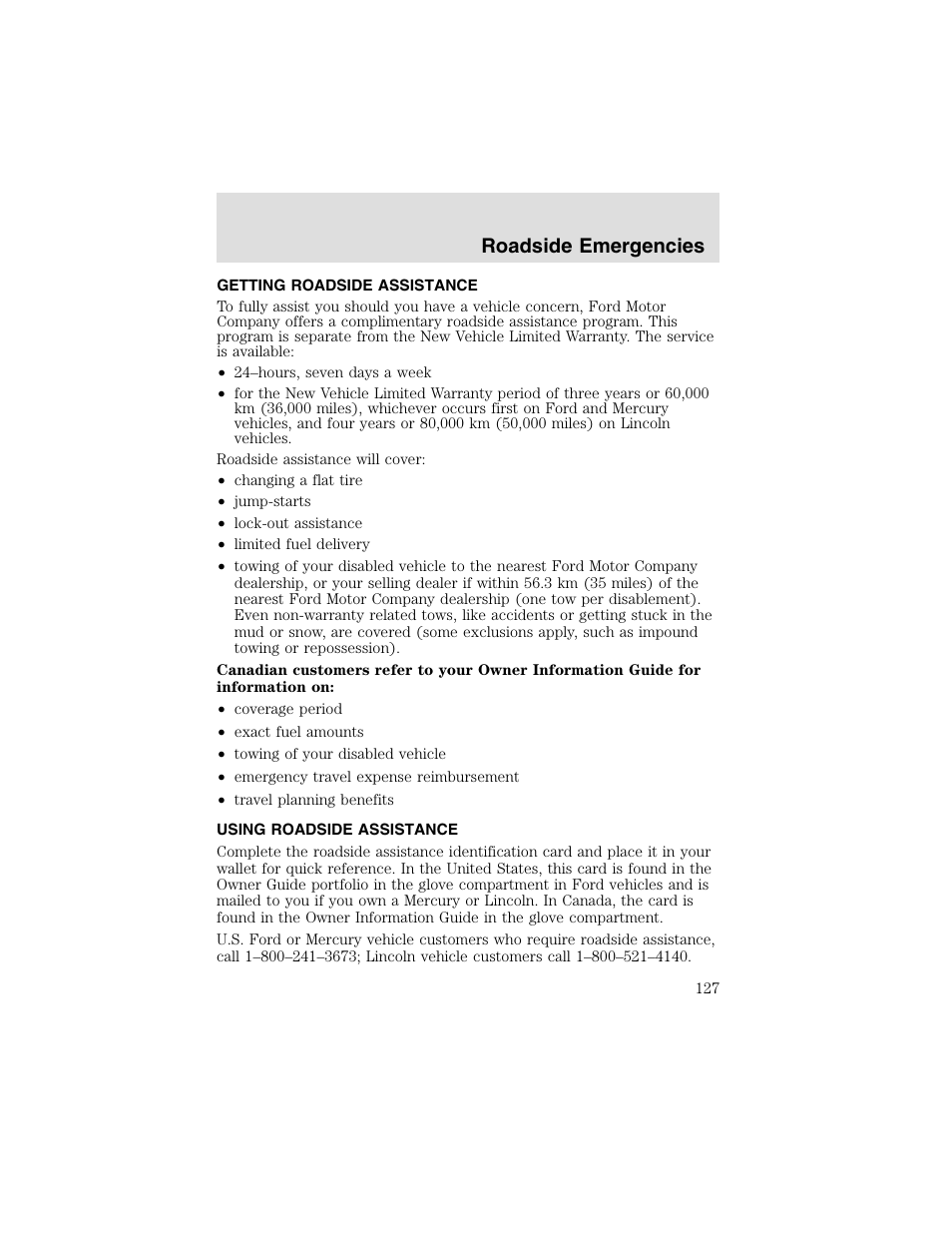 Roadside emergencies | FORD 2003 Taurus v.2 User Manual | Page 127 / 216