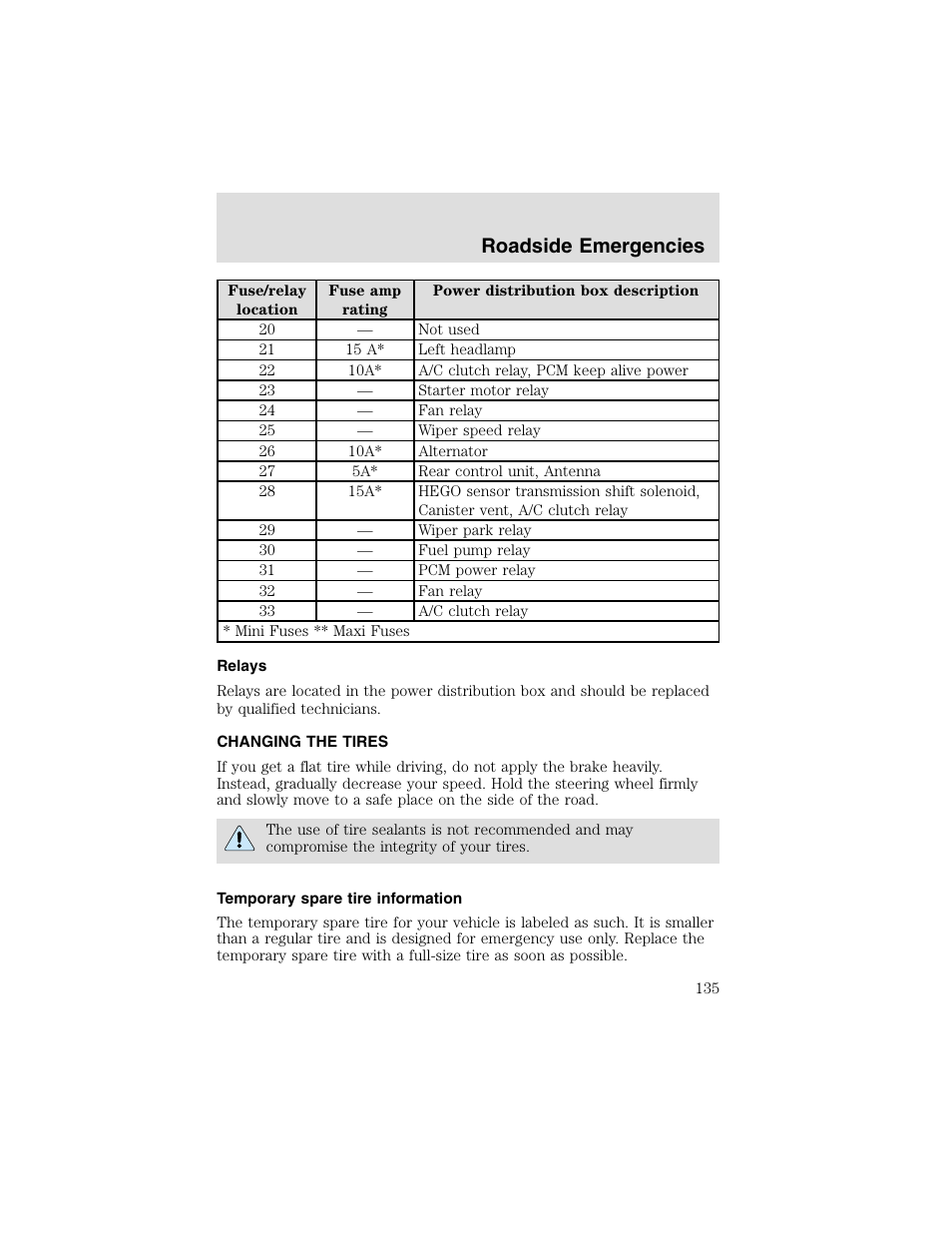 Roadside emergencies | FORD 2003 Taurus v.2 User Manual | Page 135 / 216