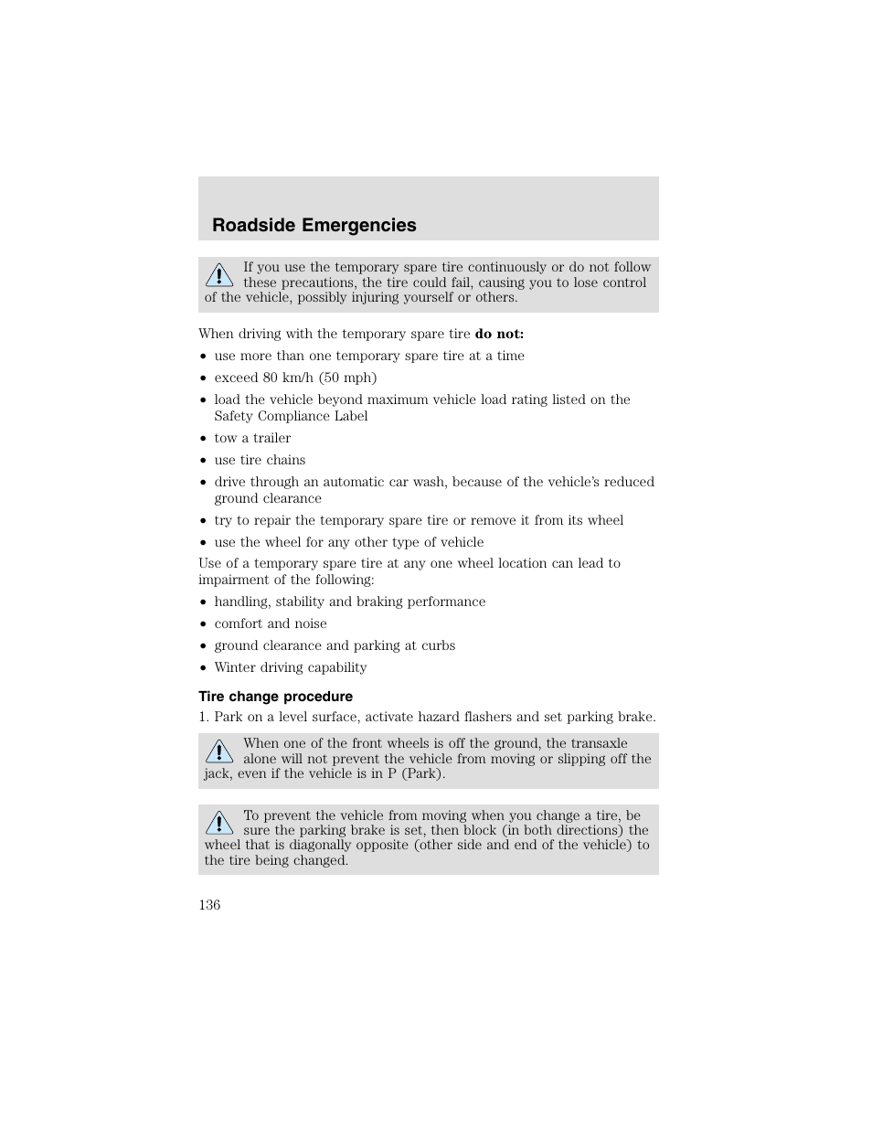 Roadside emergencies | FORD 2003 Taurus v.2 User Manual | Page 136 / 216