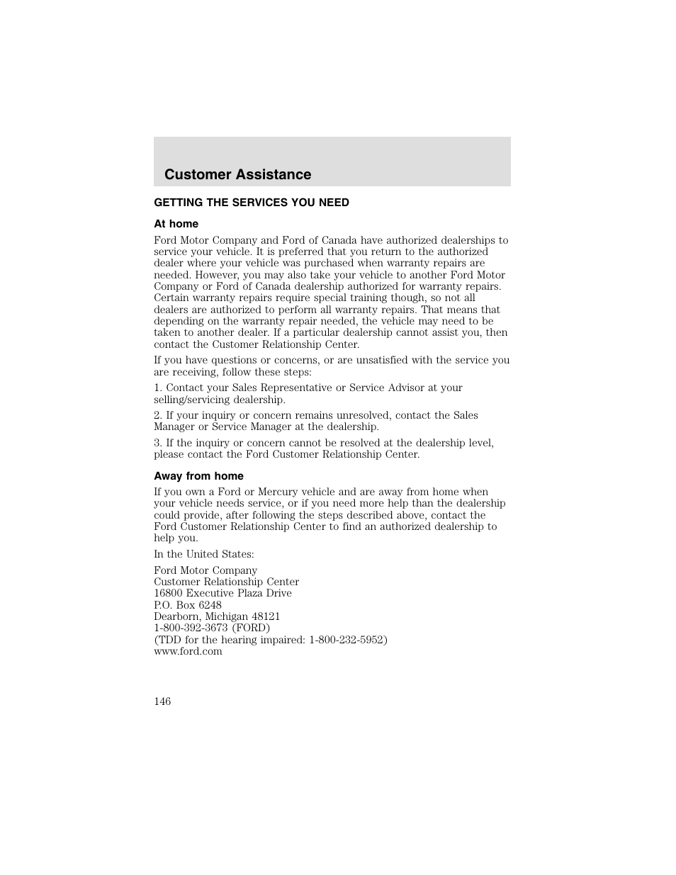 Customer assistance | FORD 2003 Taurus v.2 User Manual | Page 146 / 216