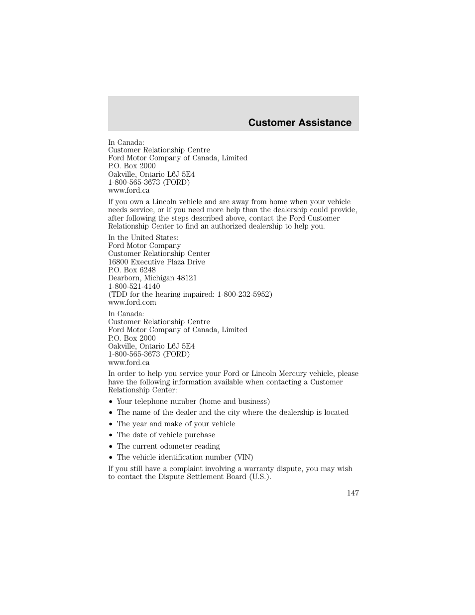 Customer assistance | FORD 2003 Taurus v.2 User Manual | Page 147 / 216