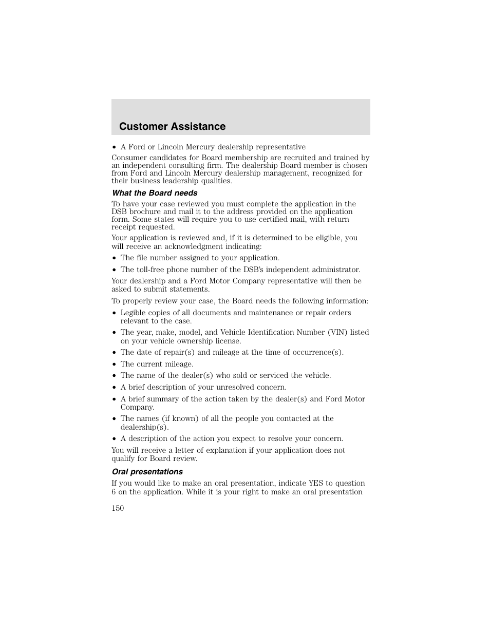 Customer assistance | FORD 2003 Taurus v.2 User Manual | Page 150 / 216