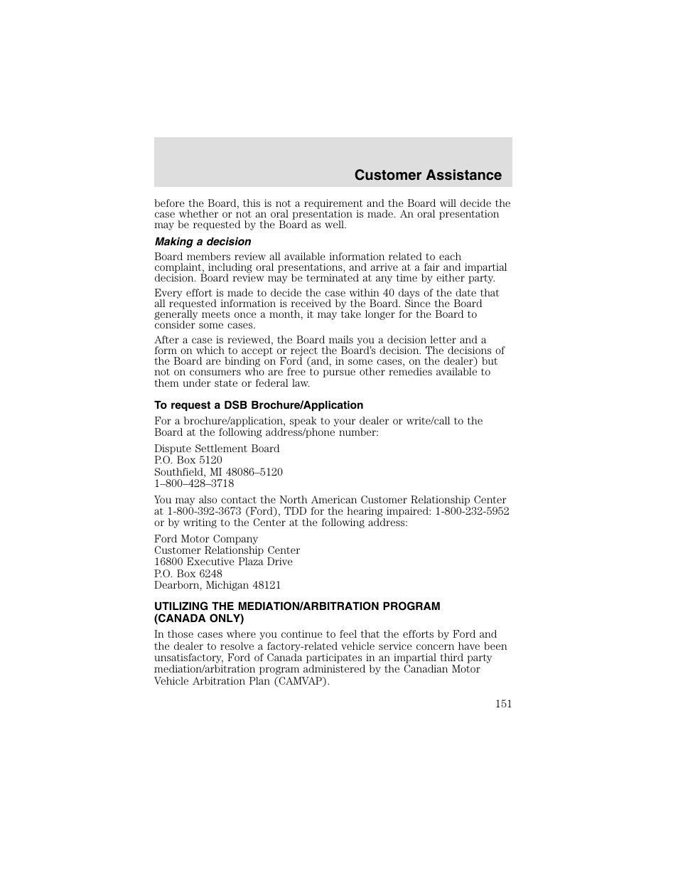 Customer assistance | FORD 2003 Taurus v.2 User Manual | Page 151 / 216