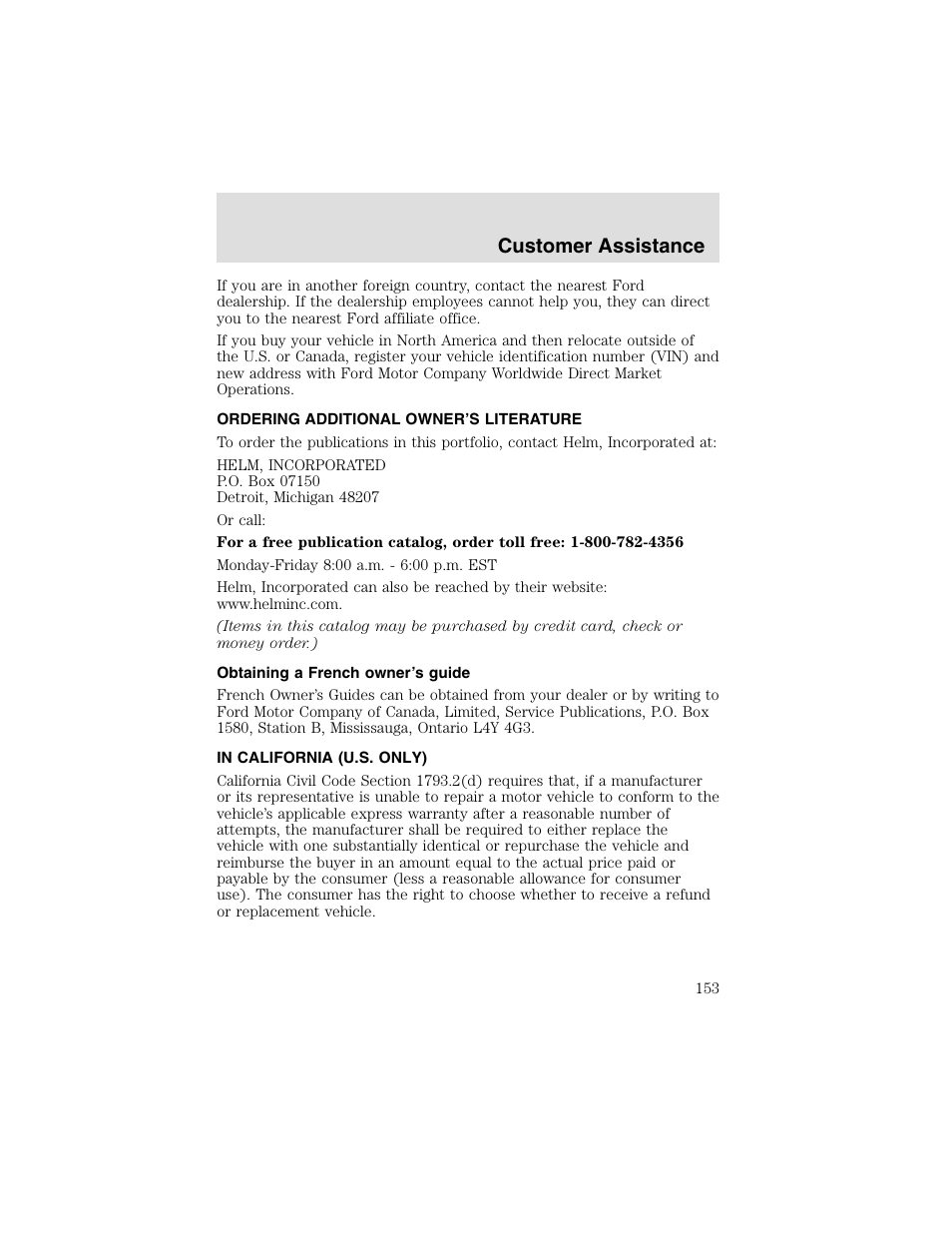 Customer assistance | FORD 2003 Taurus v.2 User Manual | Page 153 / 216