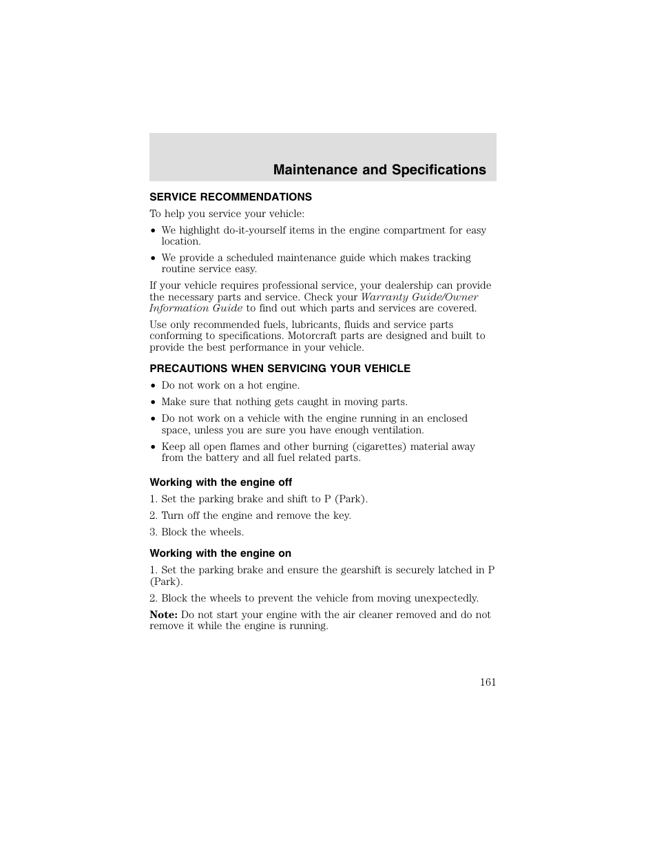 Maintenance and specifications | FORD 2003 Taurus v.2 User Manual | Page 161 / 216