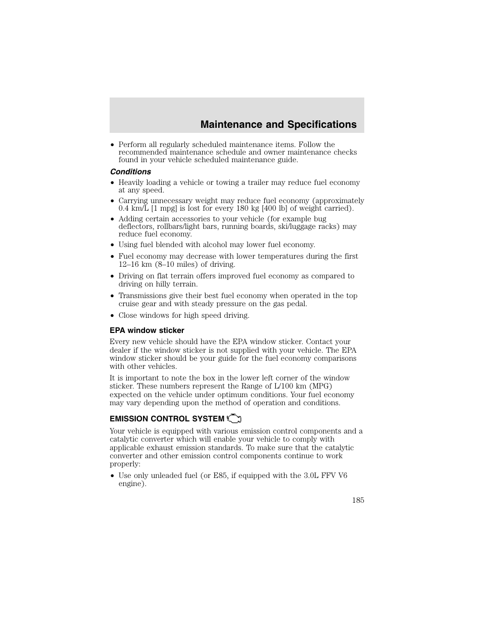 Maintenance and specifications | FORD 2003 Taurus v.2 User Manual | Page 185 / 216