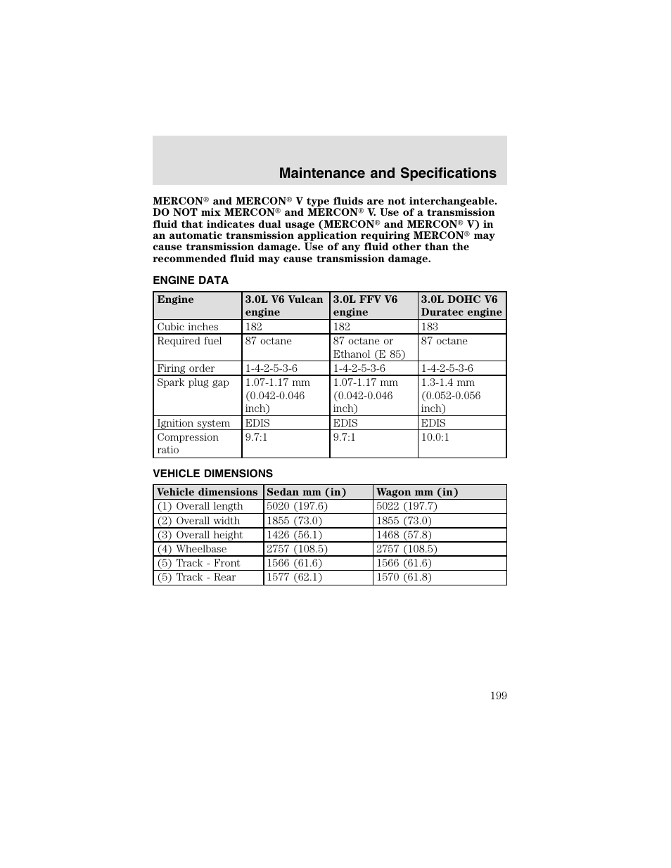 Maintenance and specifications | FORD 2003 Taurus v.2 User Manual | Page 199 / 216