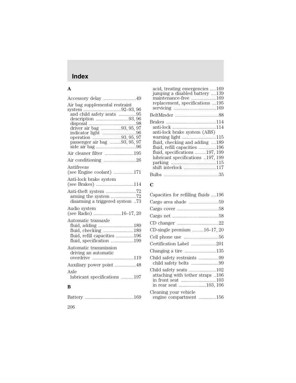 Index | FORD 2003 Taurus v.2 User Manual | Page 206 / 216