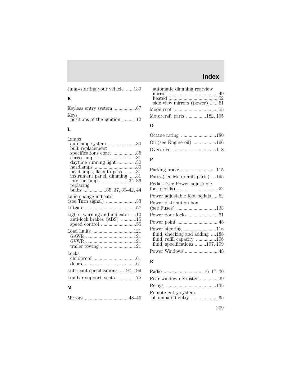 Index | FORD 2003 Taurus v.2 User Manual | Page 209 / 216