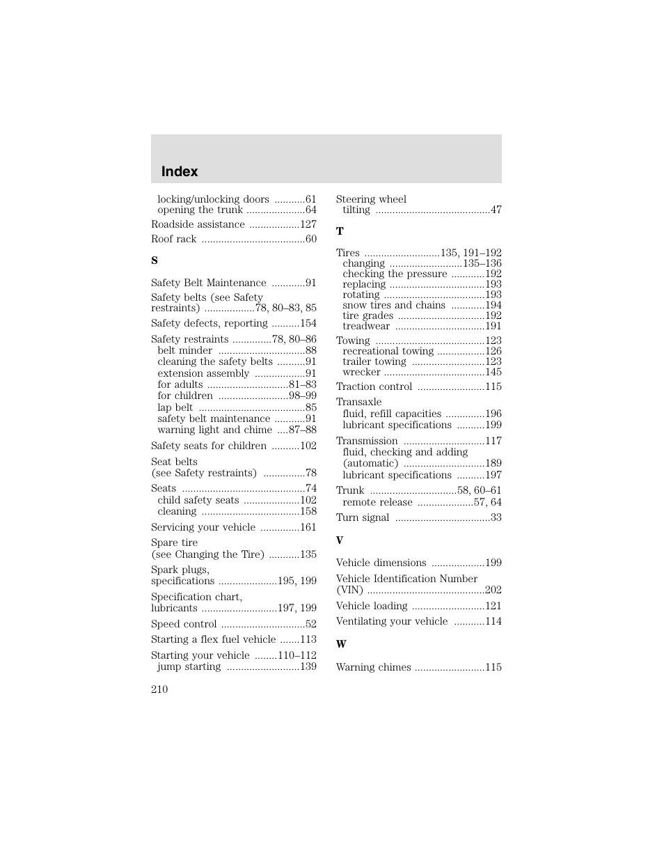 Index | FORD 2003 Taurus v.2 User Manual | Page 210 / 216