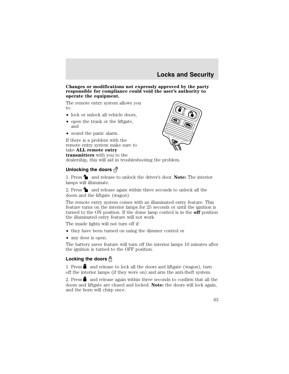 Locks and security | FORD 2003 Taurus v.2 User Manual | Page 63 / 216