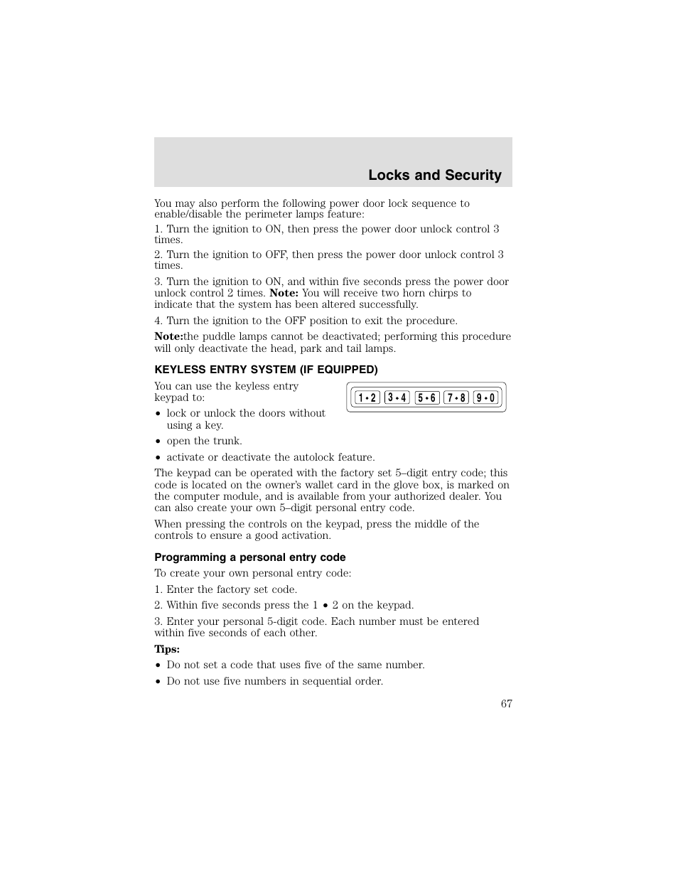 Locks and security | FORD 2003 Taurus v.2 User Manual | Page 67 / 216