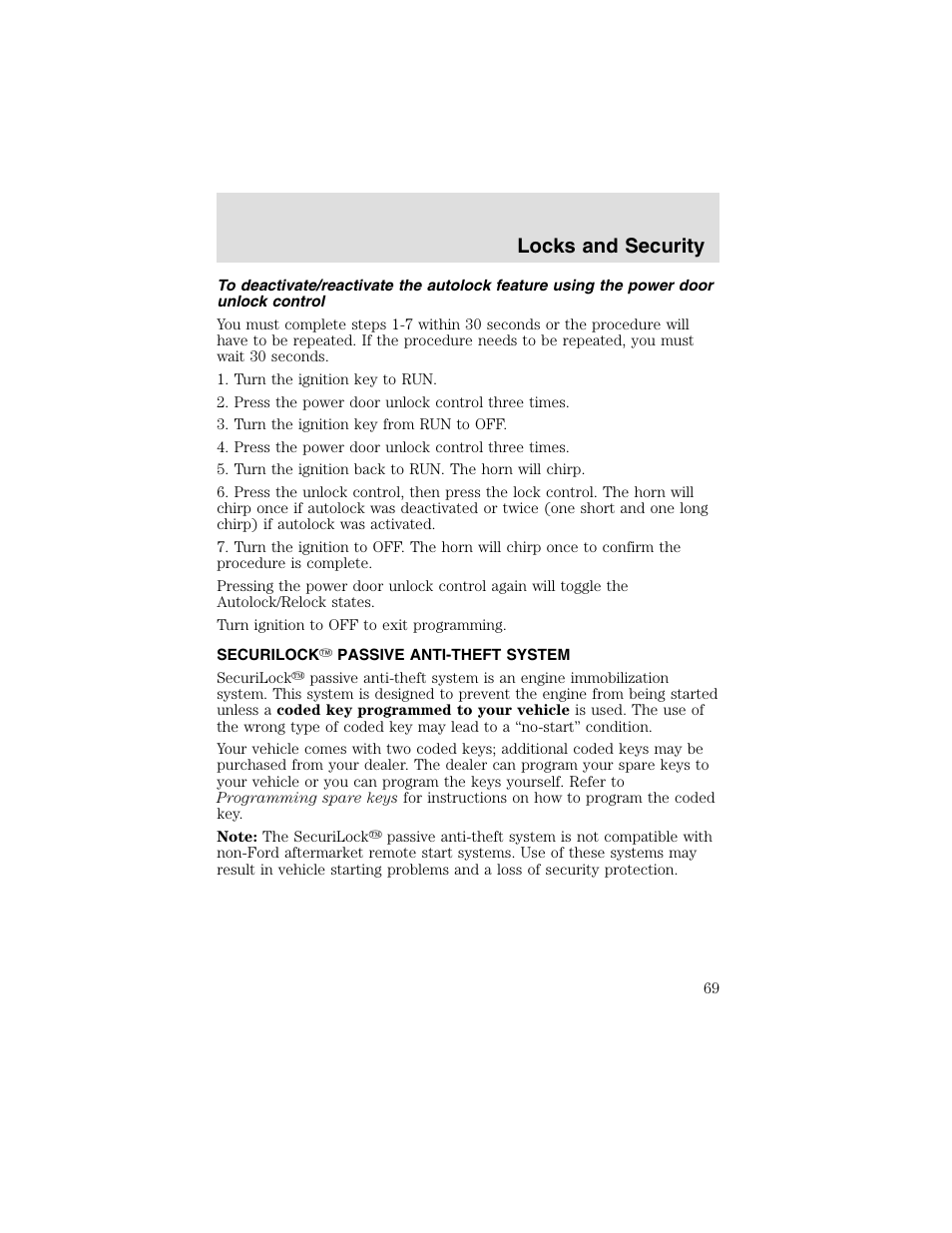 Locks and security | FORD 2003 Taurus v.2 User Manual | Page 69 / 216