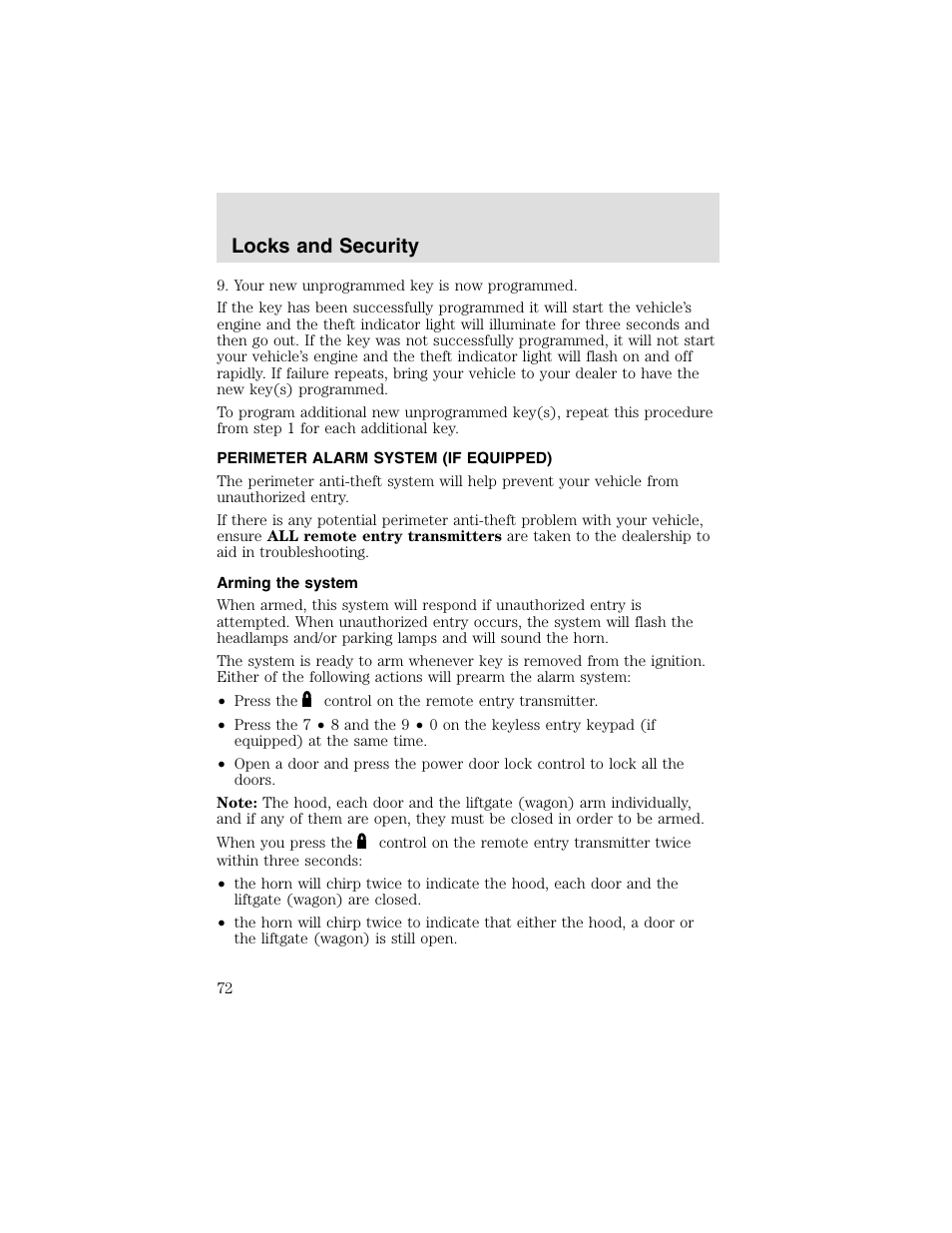 Locks and security | FORD 2003 Taurus v.2 User Manual | Page 72 / 216