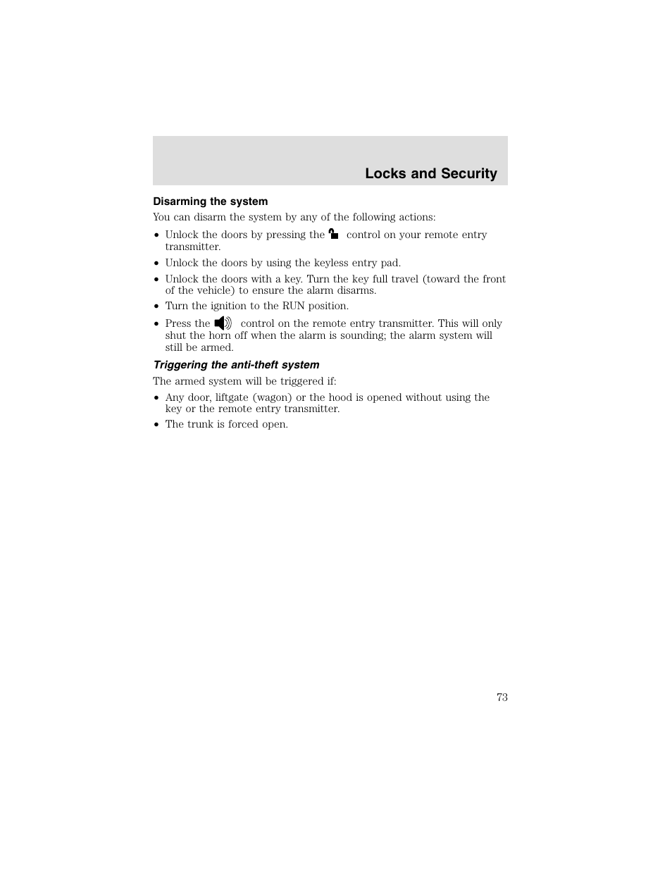 Locks and security | FORD 2003 Taurus v.2 User Manual | Page 73 / 216