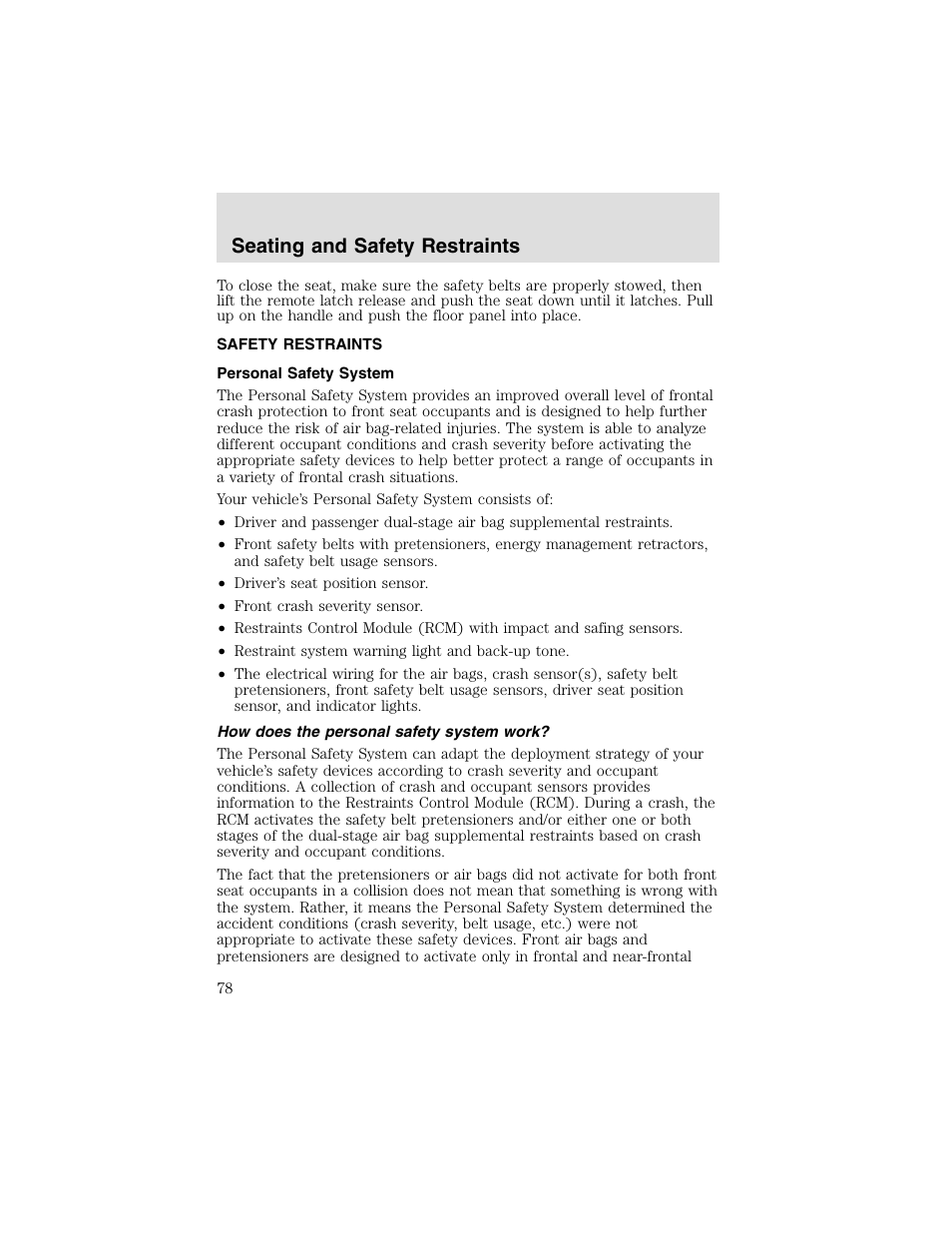 Seating and safety restraints | FORD 2003 Taurus v.2 User Manual | Page 78 / 216