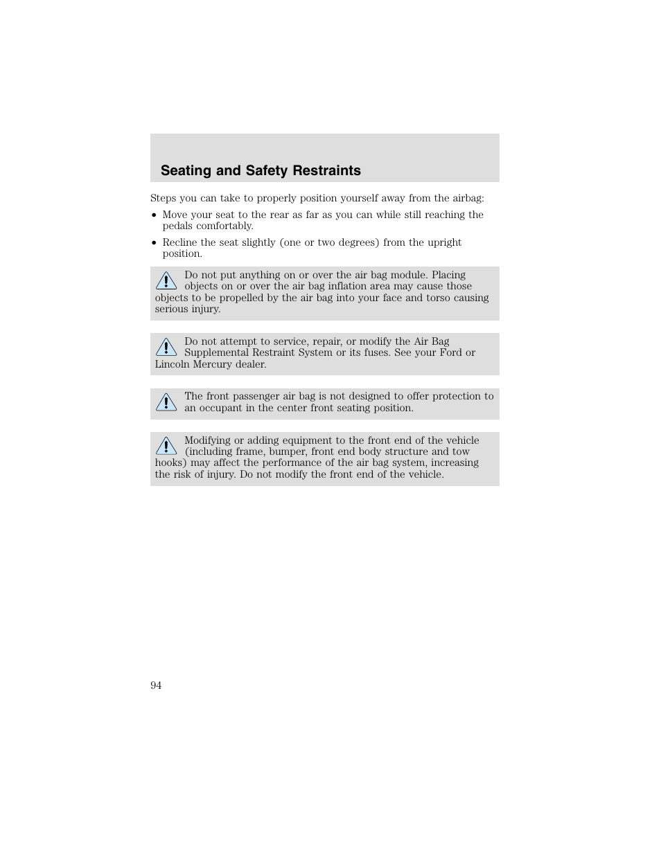 Seating and safety restraints | FORD 2003 Taurus v.2 User Manual | Page 94 / 216