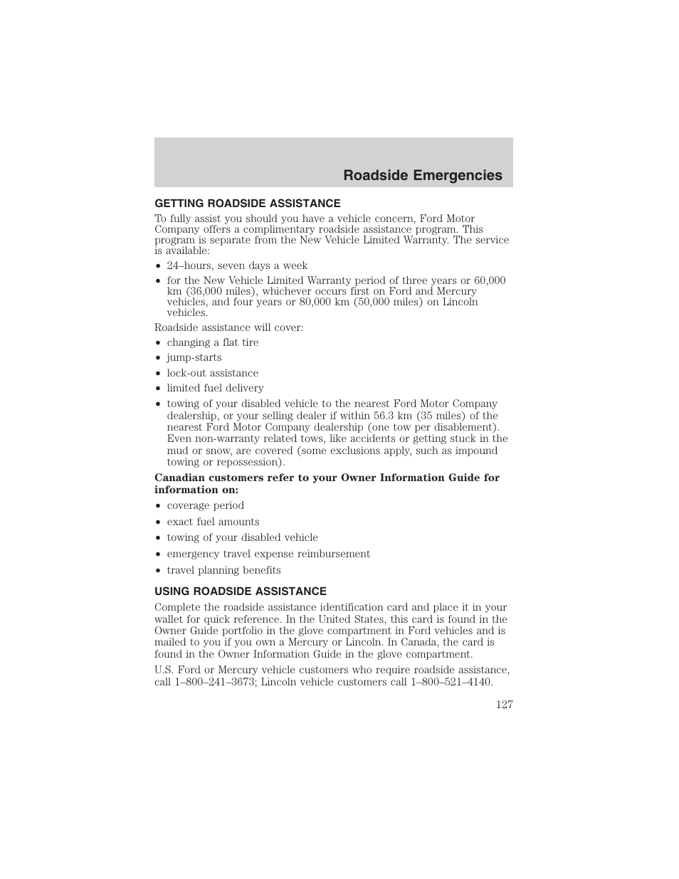 Roadside emergencies | FORD 2003 Taurus v.3 User Manual | Page 127 / 216
