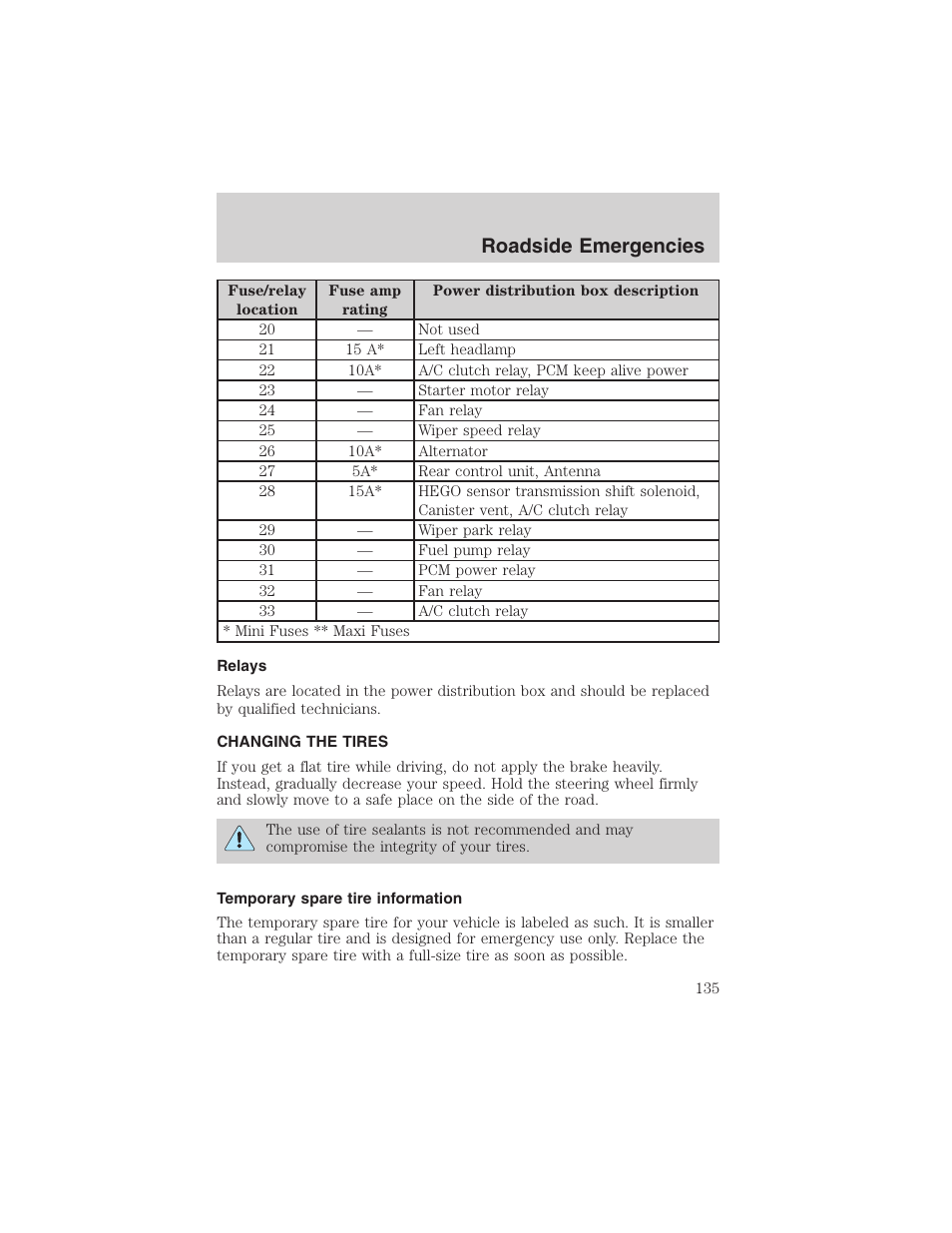 Roadside emergencies | FORD 2003 Taurus v.3 User Manual | Page 135 / 216