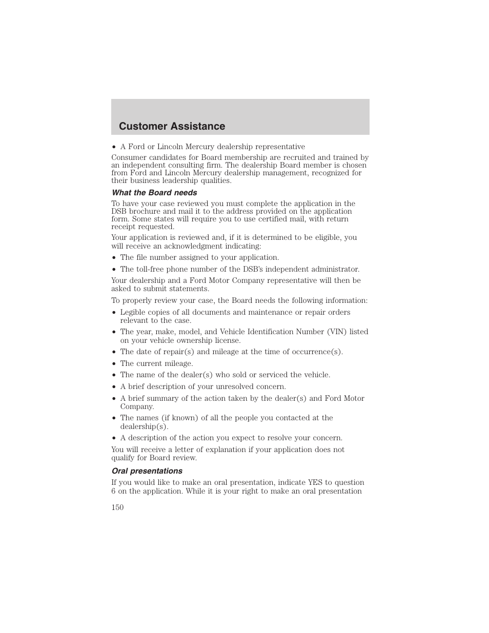 Customer assistance | FORD 2003 Taurus v.3 User Manual | Page 150 / 216