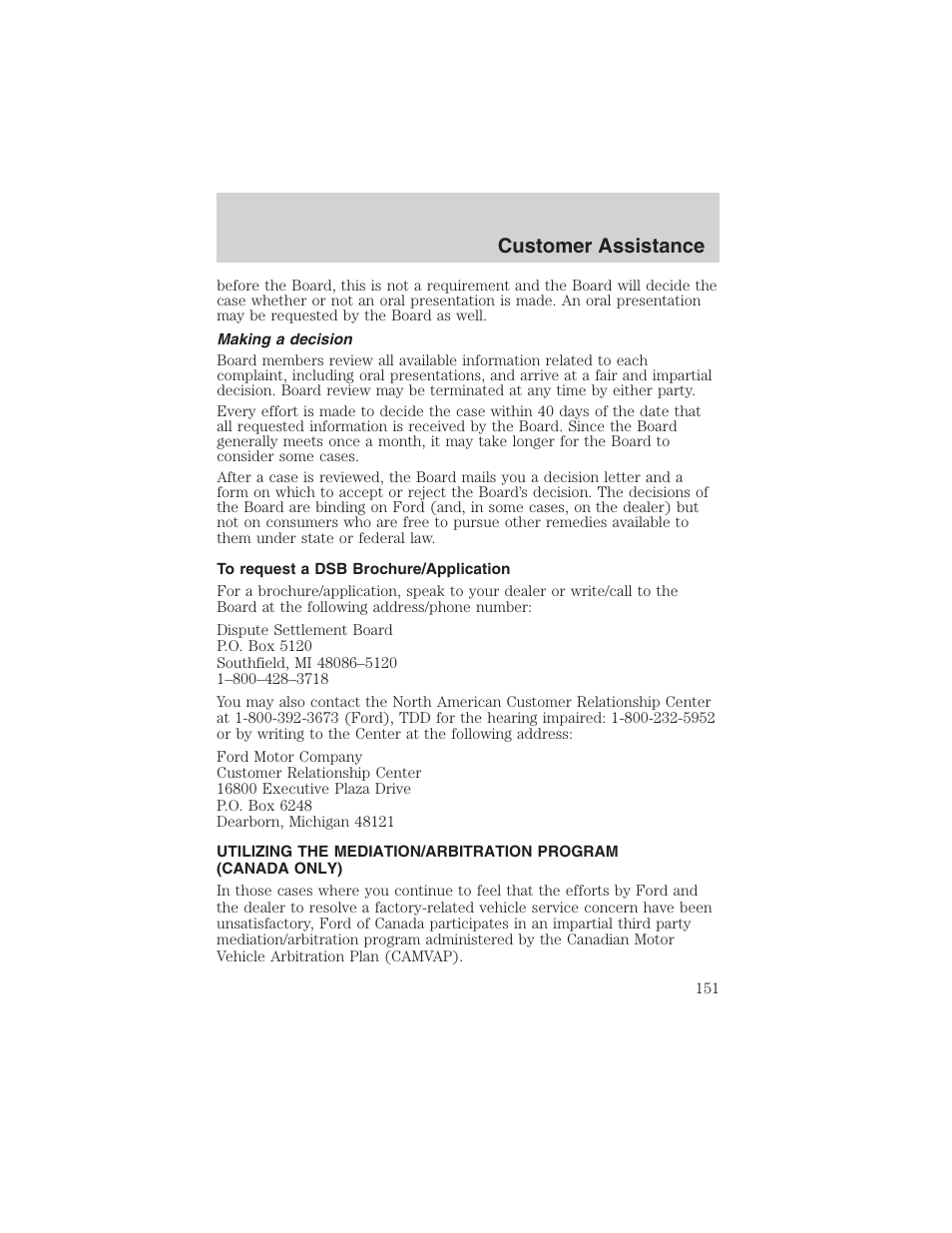 Customer assistance | FORD 2003 Taurus v.3 User Manual | Page 151 / 216