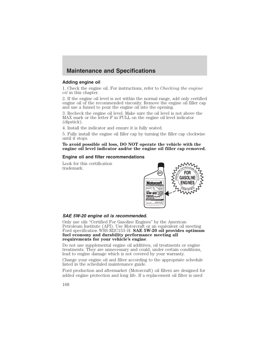 Maintenance and specifications | FORD 2003 Taurus v.3 User Manual | Page 168 / 216