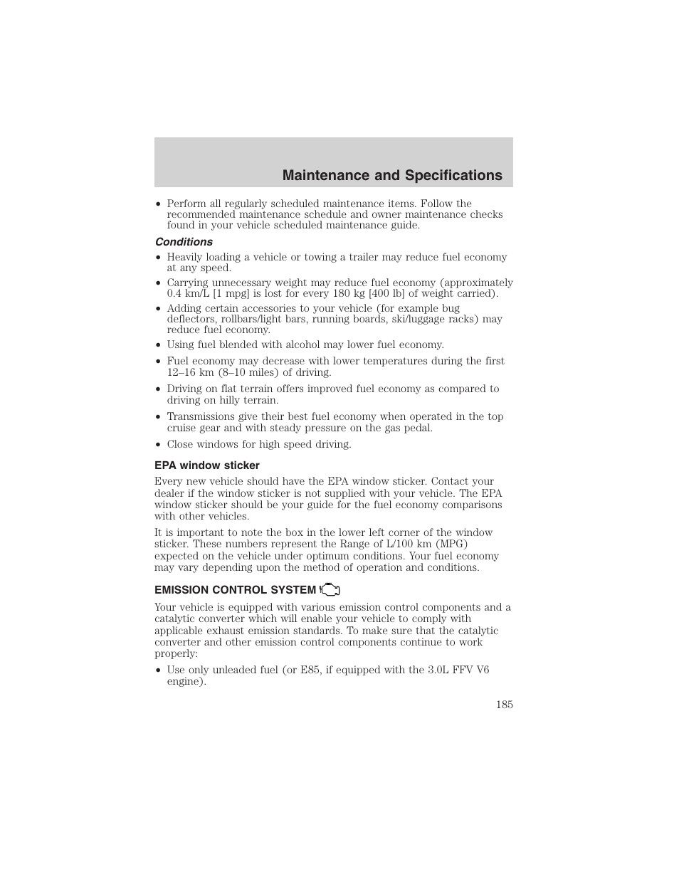 Maintenance and specifications | FORD 2003 Taurus v.3 User Manual | Page 185 / 216