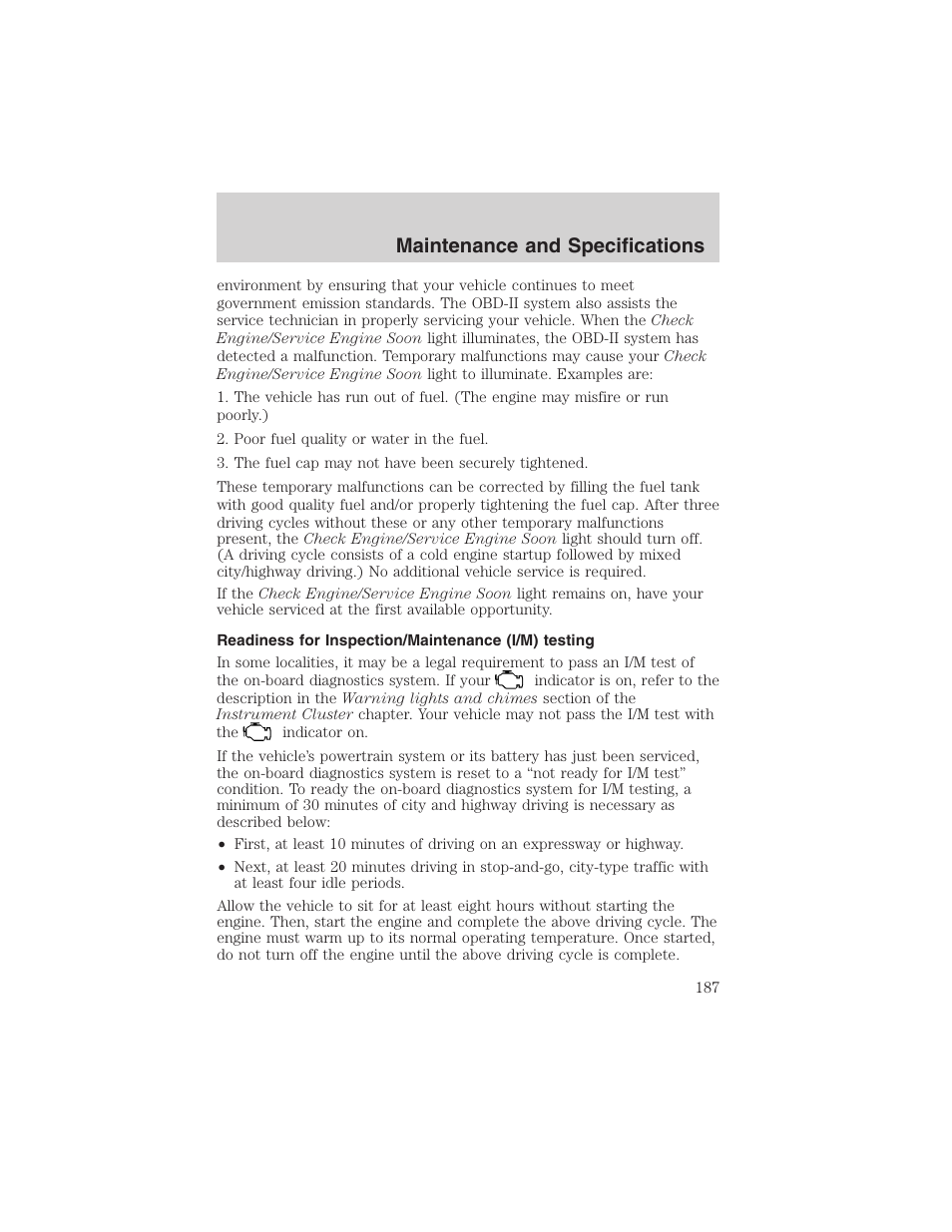Maintenance and specifications | FORD 2003 Taurus v.3 User Manual | Page 187 / 216