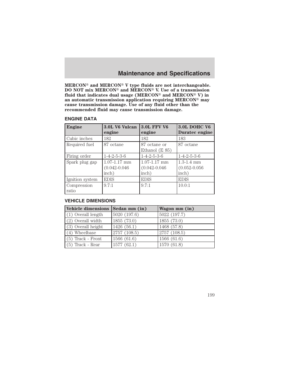 Maintenance and specifications | FORD 2003 Taurus v.3 User Manual | Page 199 / 216
